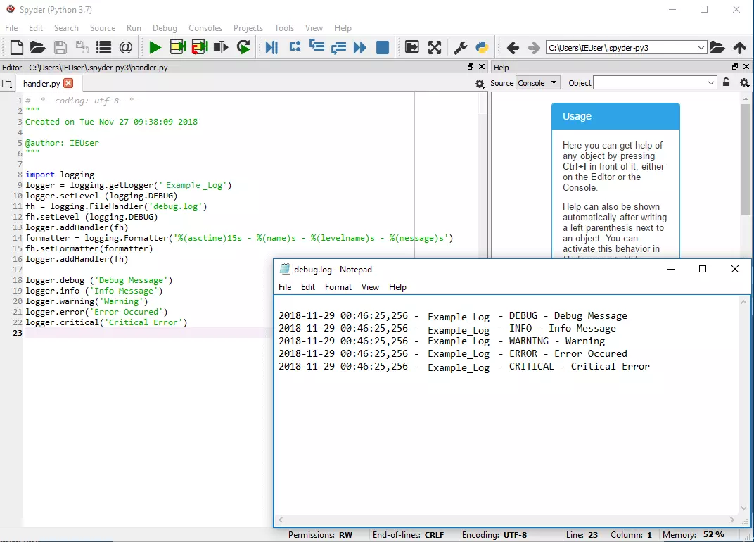 Python editor with logger methods and format attributes as well as text output in the log file with formatted messages.