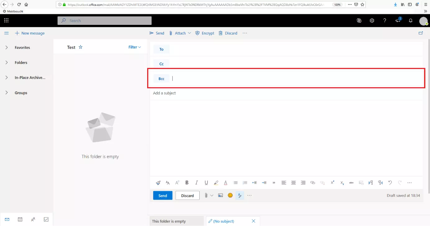 Outlook on the web: User interface with the activated Bcc field