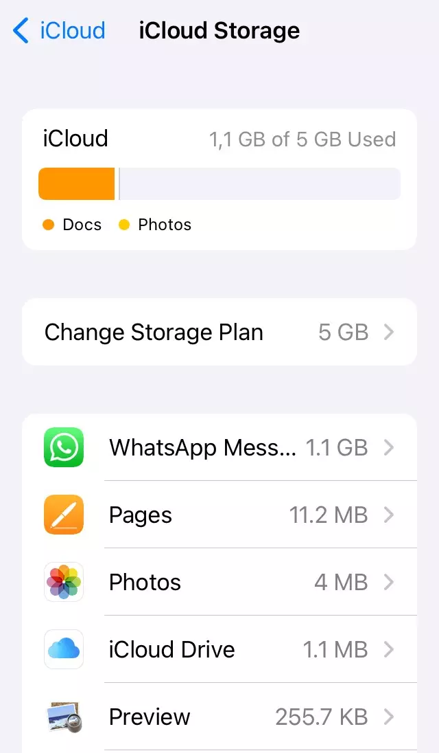 Screenshot of `iCloud Storage´ on iPhone