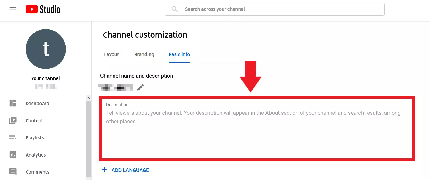 YouTube channel description in the ‘Description’ field