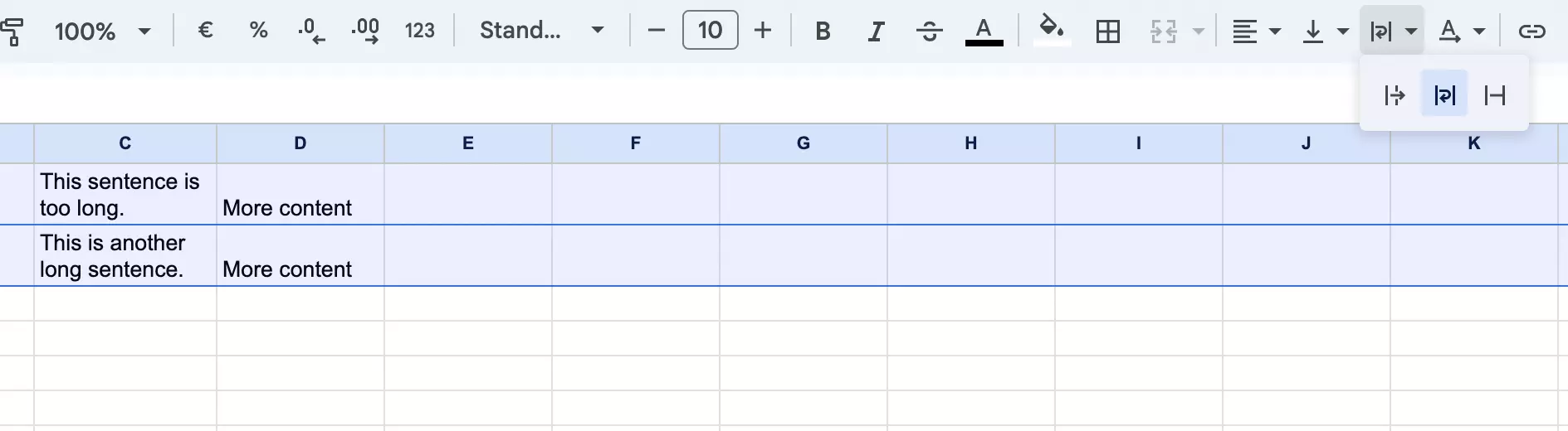 Screenshot of automatic text wrapping in Google Sheets