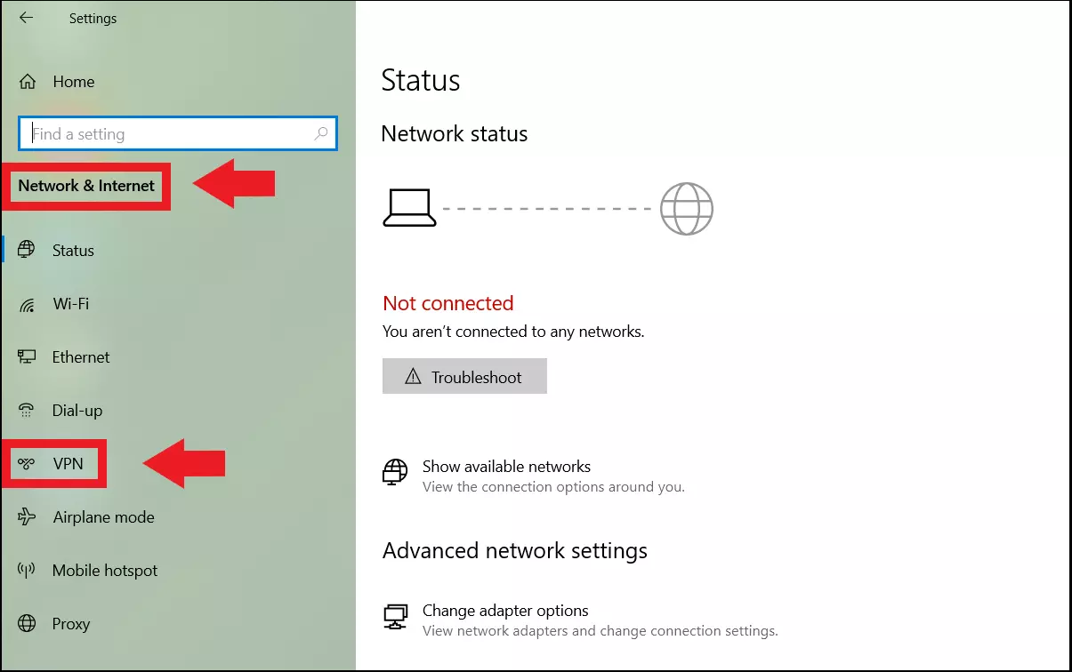 Windows settings: Click ‘VPN’ on the left