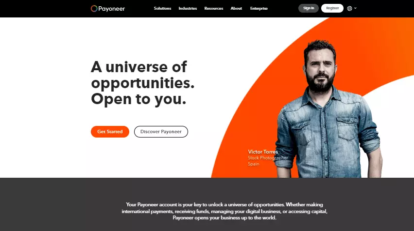 Homepage of Payoneer