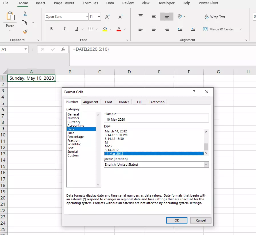 “Format Cells” dialogue box in Excel