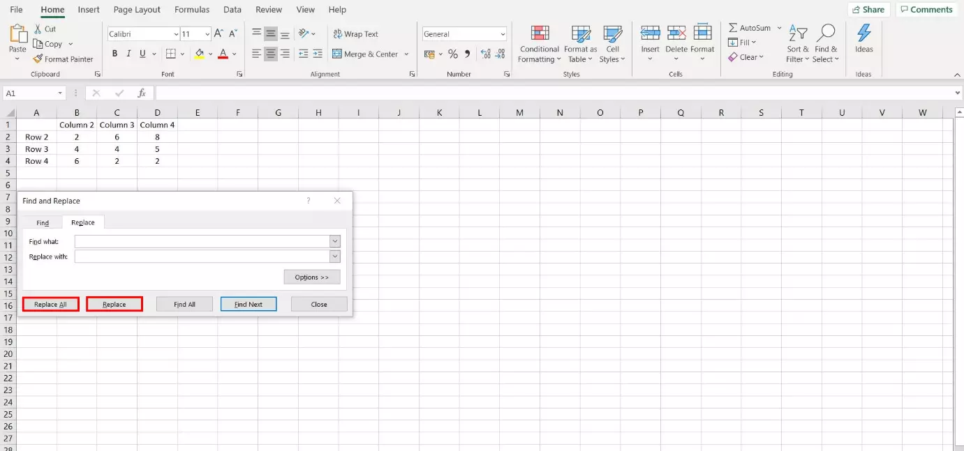 Search and Replace in Excel – dialogue window