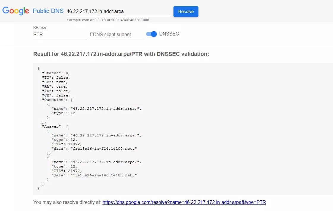 PTR record check with Google’s Public DNS