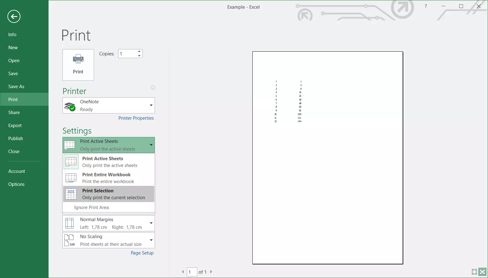 Print menu in Excel