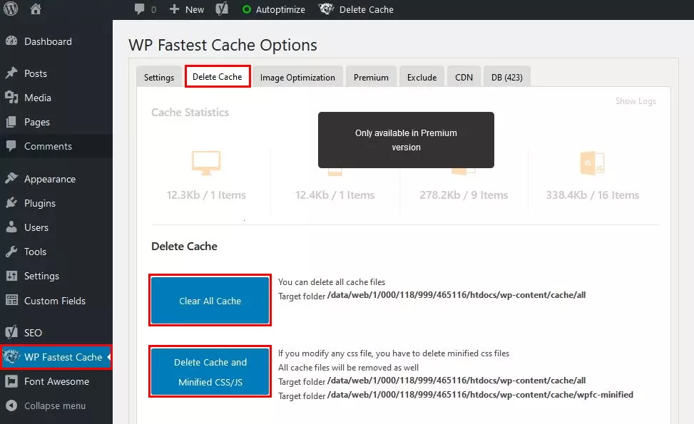 WP Fastest Cache: button for deleting the WP cache in the plugin options