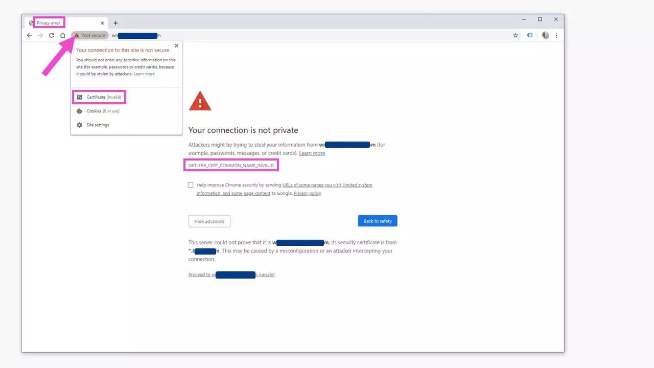 Error message ‘ERR_CERT_COMMON_NAME_INVALID’ in Google Chrome