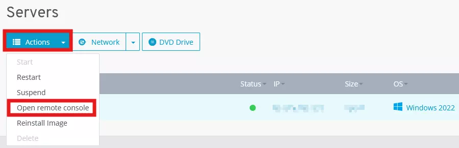 Open remote console in the IONOS Cloud Panel