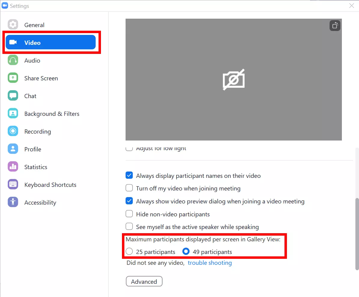 Video settings to customise gallery view on Zoom