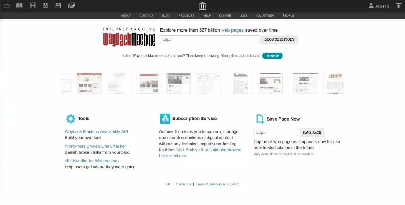 Wayback Machine homepage with input field, tools, scientific service and snapshot tool