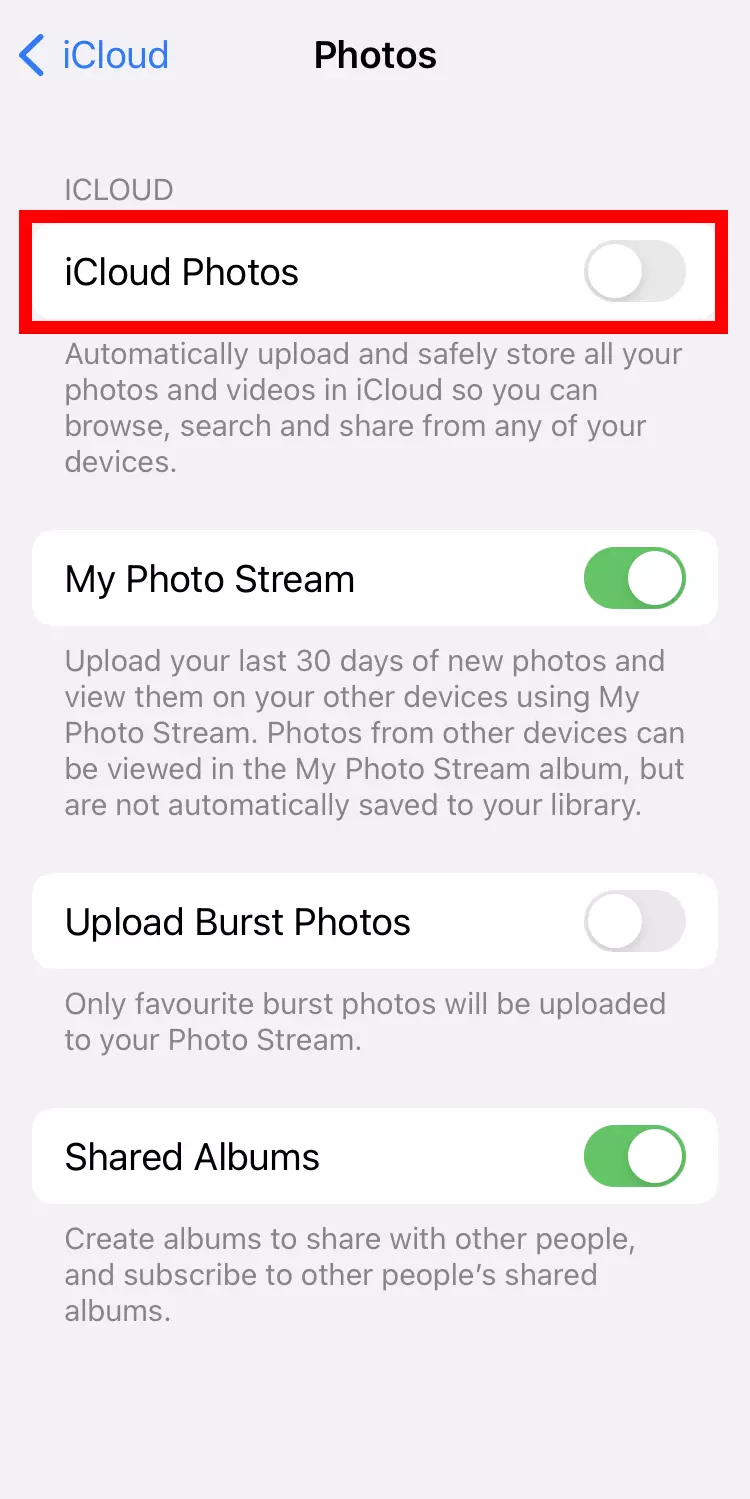 Screenshot of the ‘iCloud Photos’ feature under ‘Photos’