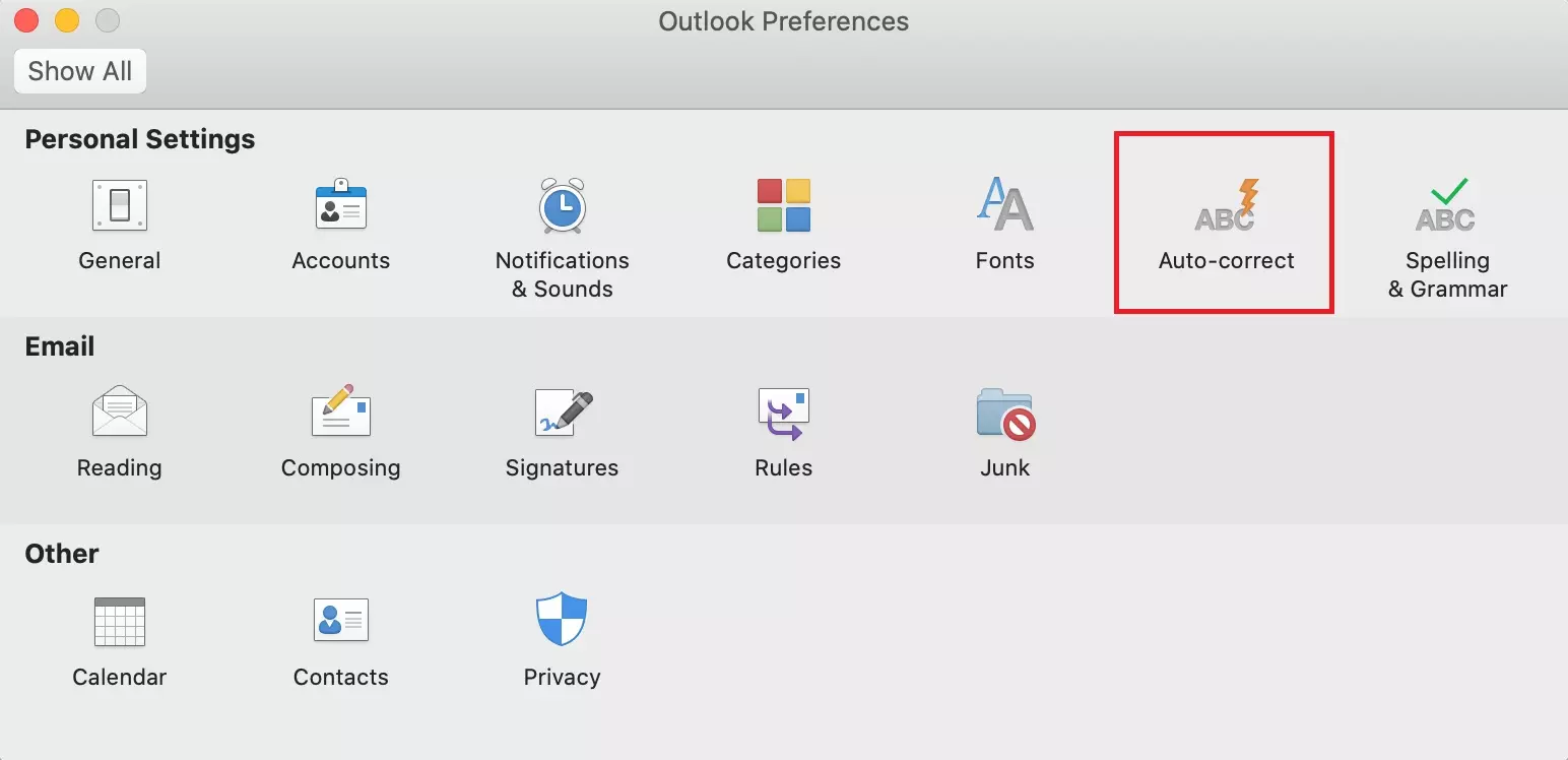 Outlook for Mac: ‘Auto-correct’ menu item in Preferences