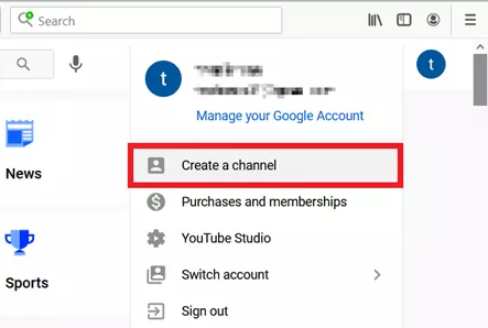 YouTube menu: ‘Create a channel’