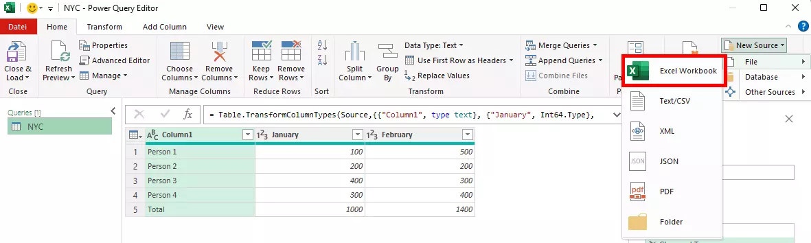 Import an Excel table via ‘New source’, ‘File’ and ‘Excel’