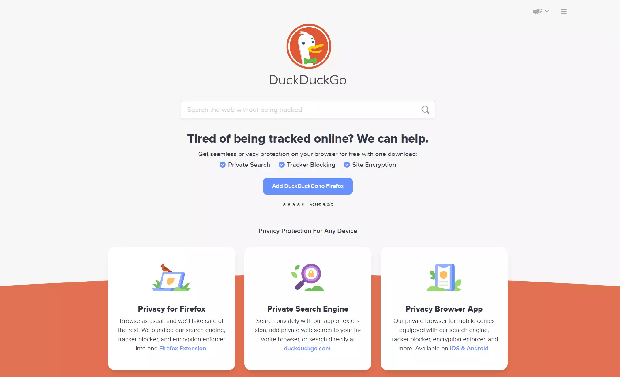 Screenshot of the DuckDuckGo homepage