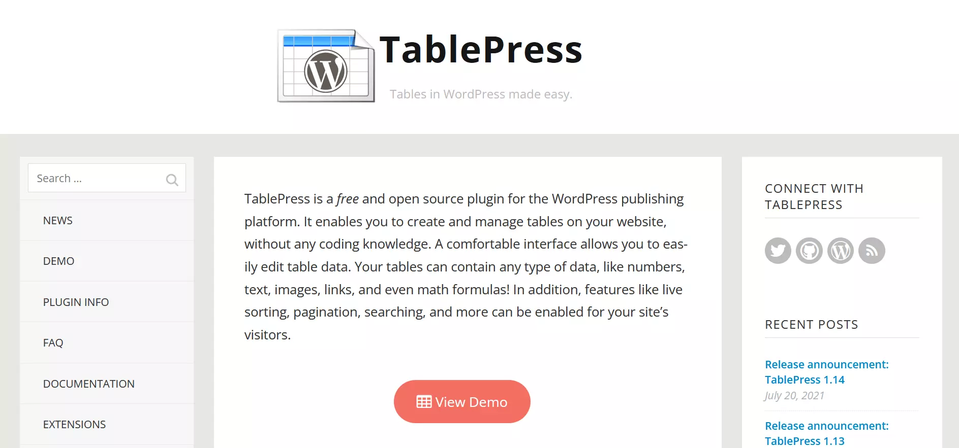 Screenshot of the ‘TablePress’ table plugin website