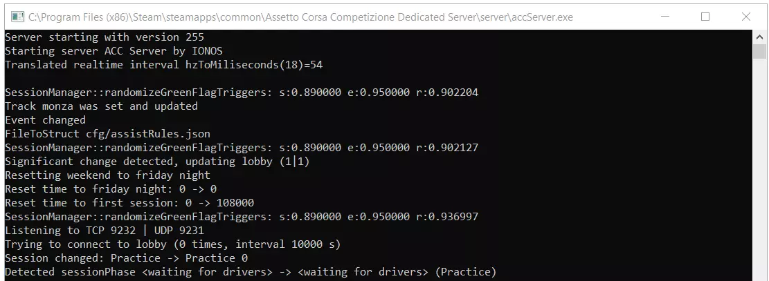 Initialising the Assetto Corsa Competizione server at the Windows command prompt