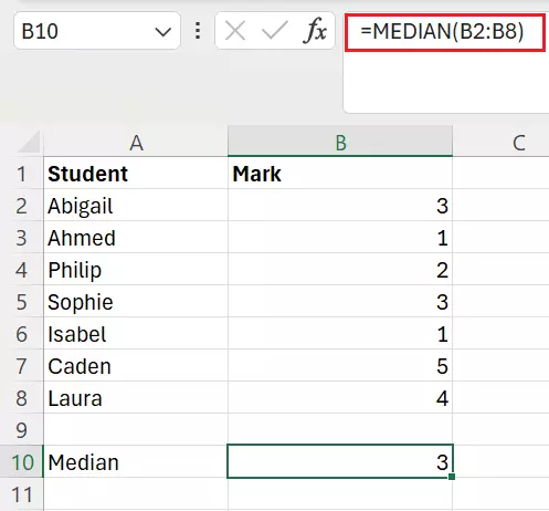 Excel: Calculate median of a table of marks