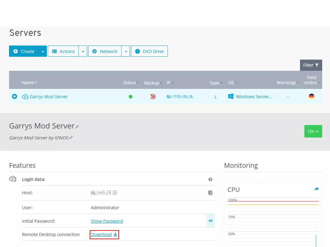 Screenshot of the server view in your IONOS account