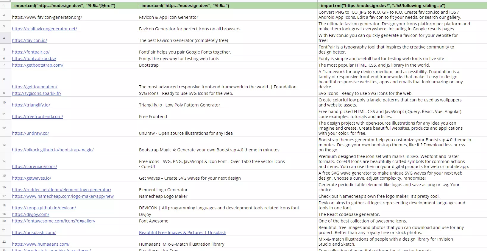 Google Sheets: importXML import result