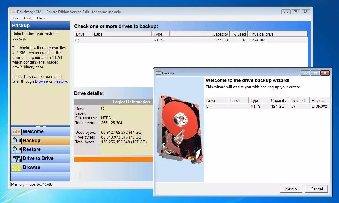 DriveImage XML 2.60: the backup wizard