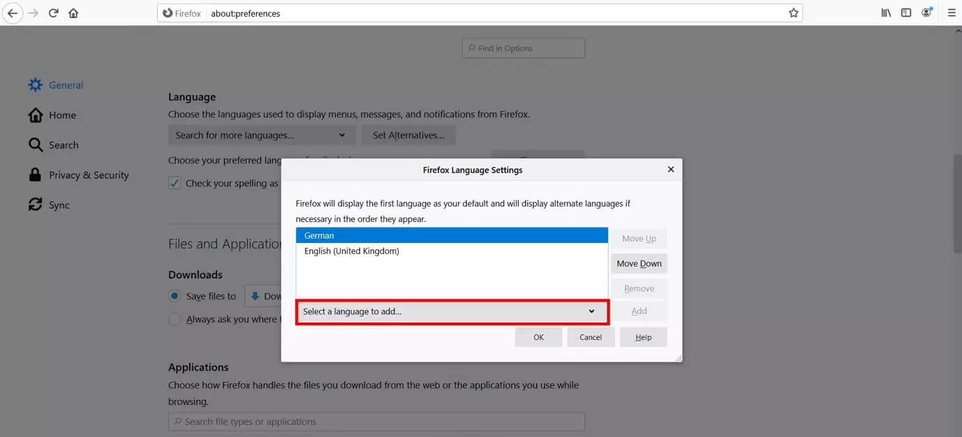 Language settings menu in Mozilla Firefox