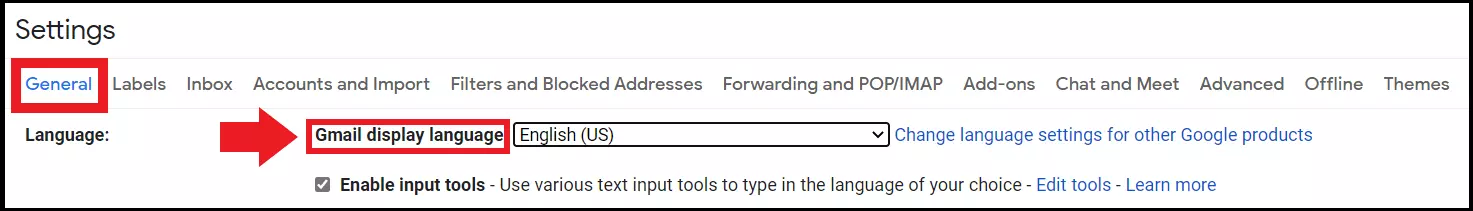 The ‘General’ tab and the ‘Gmail display language’ item