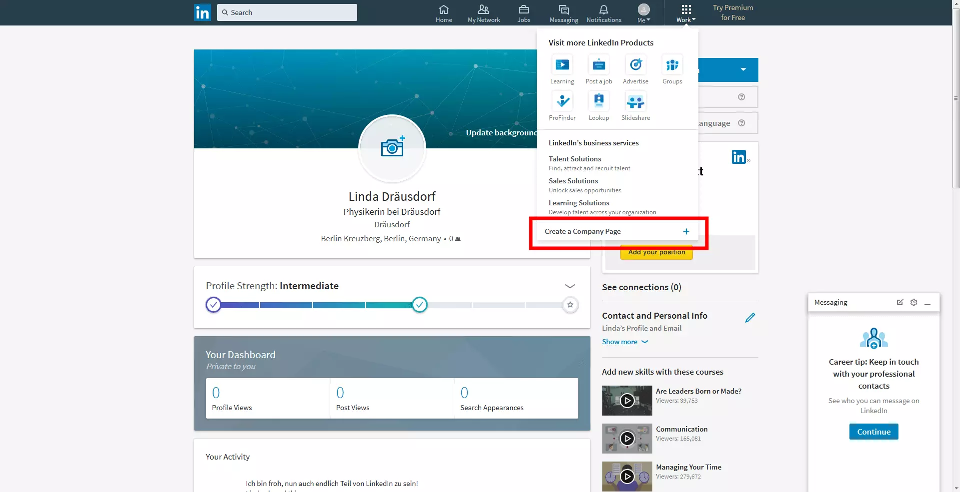 Profile view with open app menu on LinkedIn