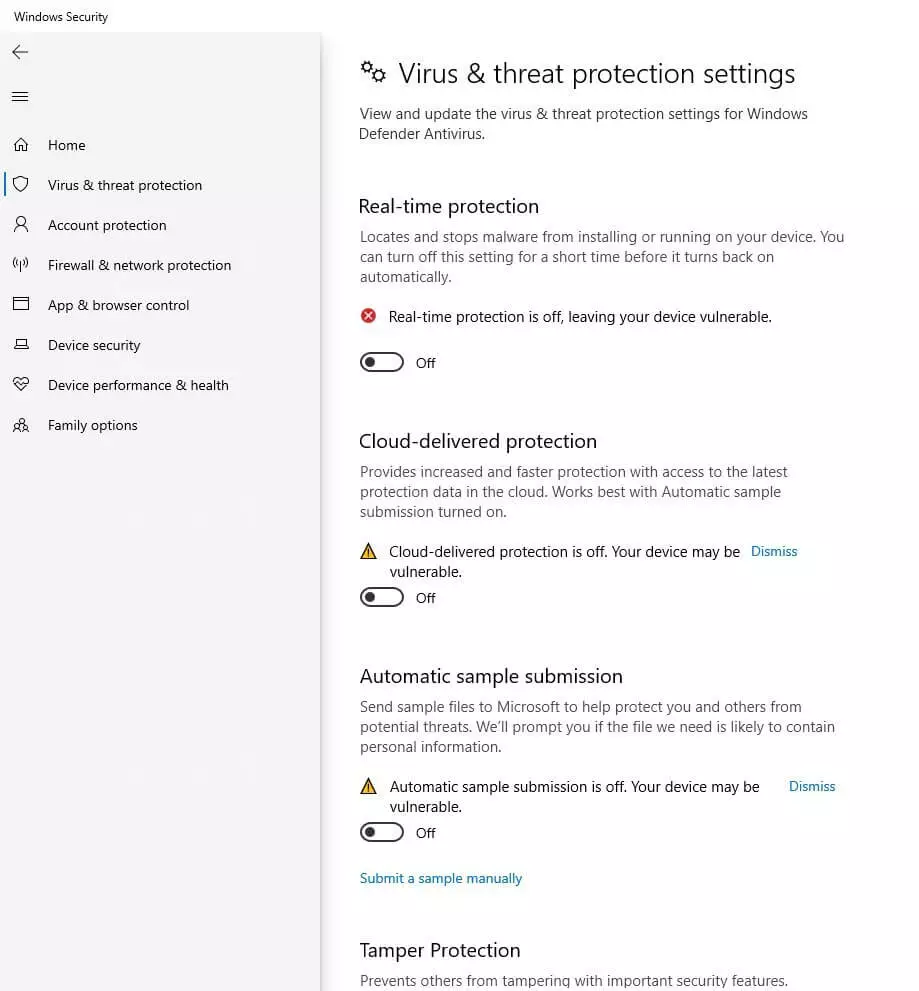 Warning notices when disabling Windows Defender