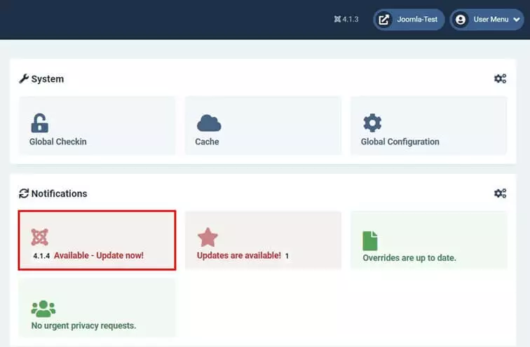 Joomla Dashboard: New Joomla version available