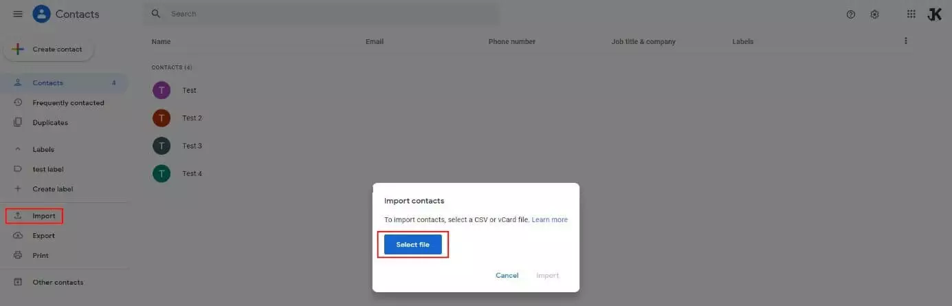 Google Contacts: “Import” dialogue