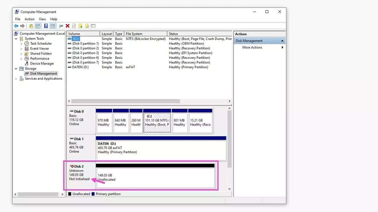 Windows Disk Management showing a drive that is not initialised 