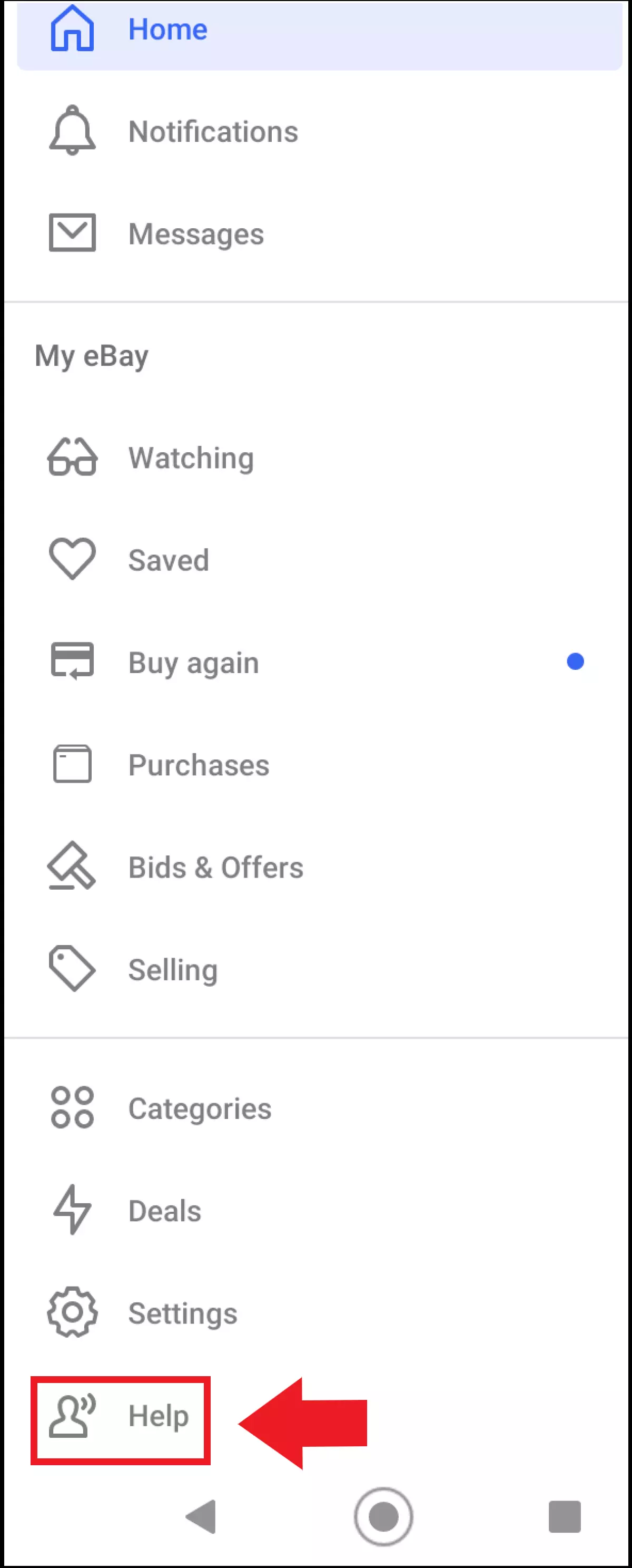 Screenshot of the eBay app menu with the ‘Help’ option in Android