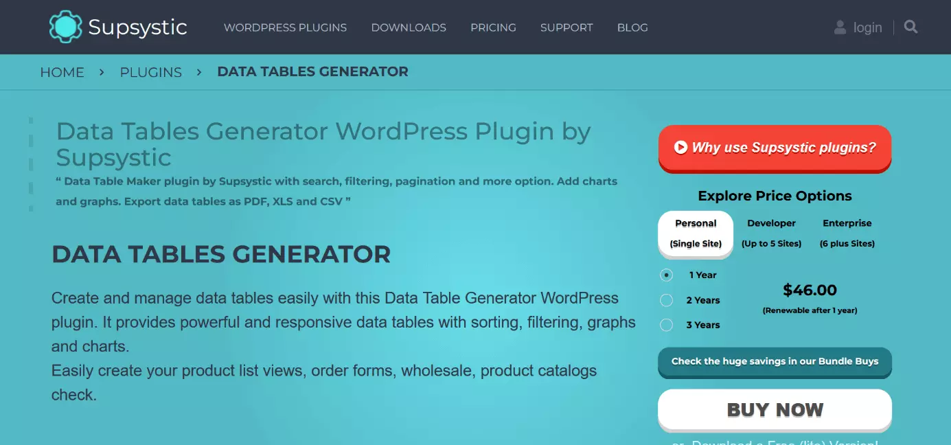 Screenshot of the ‘Data Tables Generator’ table plugin website