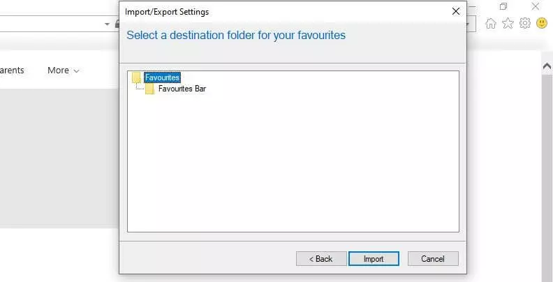 Importing Internet Explorer favourites: Selecting the destination folder