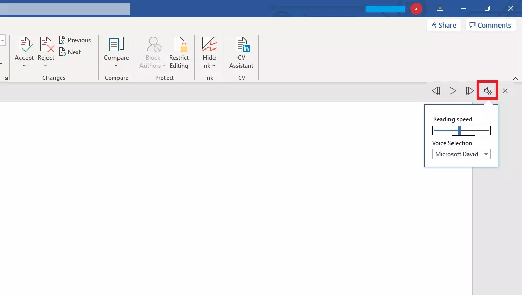 Word control menu for ‘Read Aloud’ feature with advanced settings