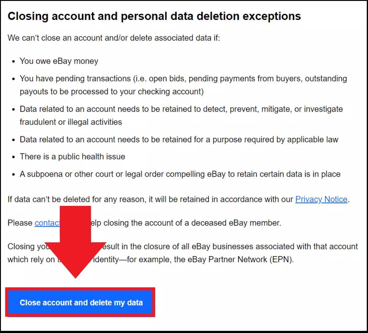 Screenshot of eBay’s ‘Close account’ help page