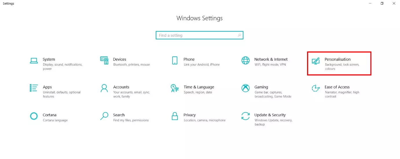 Windows settings: ‘Personalisation’ option