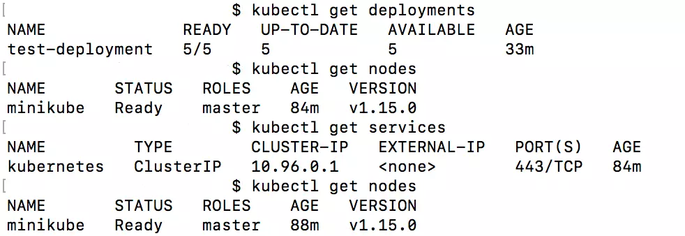 Terminal with various Kubernetes commands and outputs