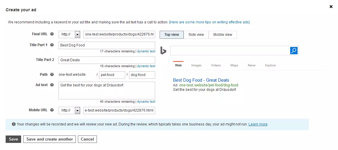 Input mask to create an ad on Bing ads