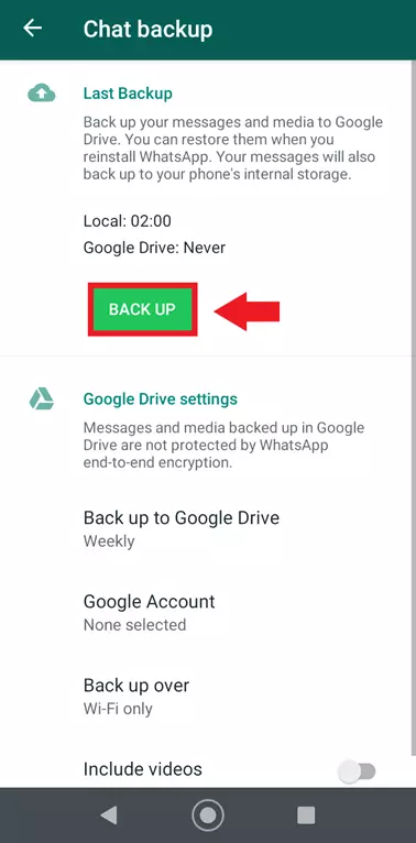 WhatsApp chat backup with ‘Back up’ settings