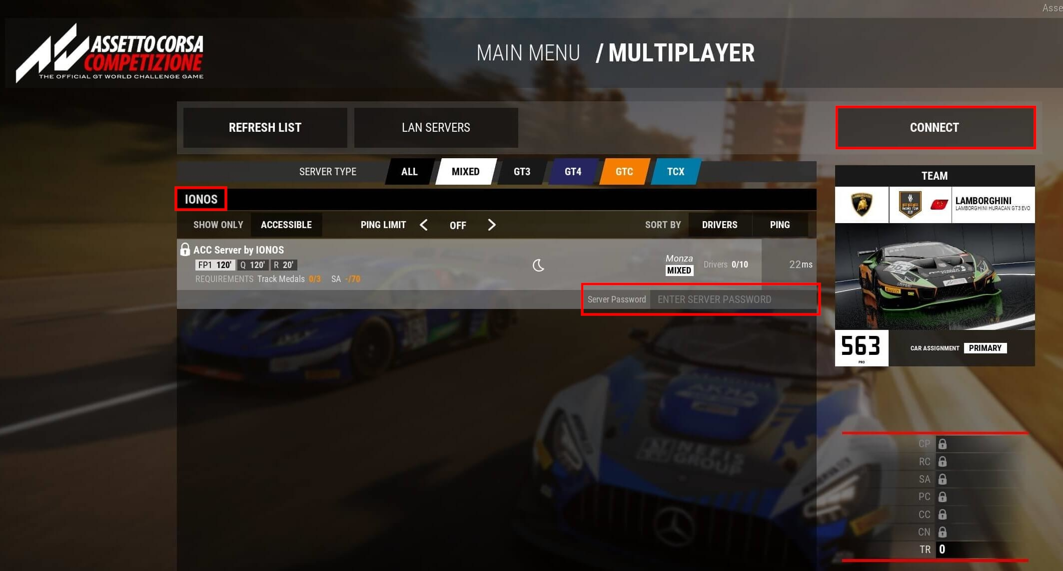 Screenshot from ACC: multiplayer server listing