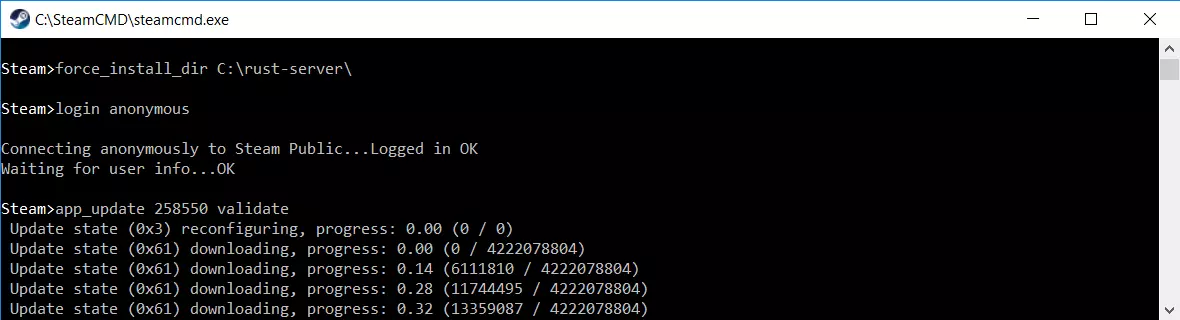 Installing the Rust server via the ‘Steam>’ input line