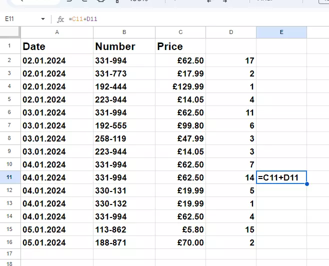 Screenshot of a formula being displayed in Google Sheets