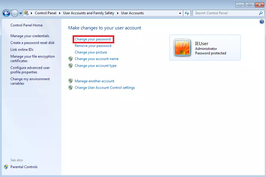 Windows 7: “User Accounts” menu