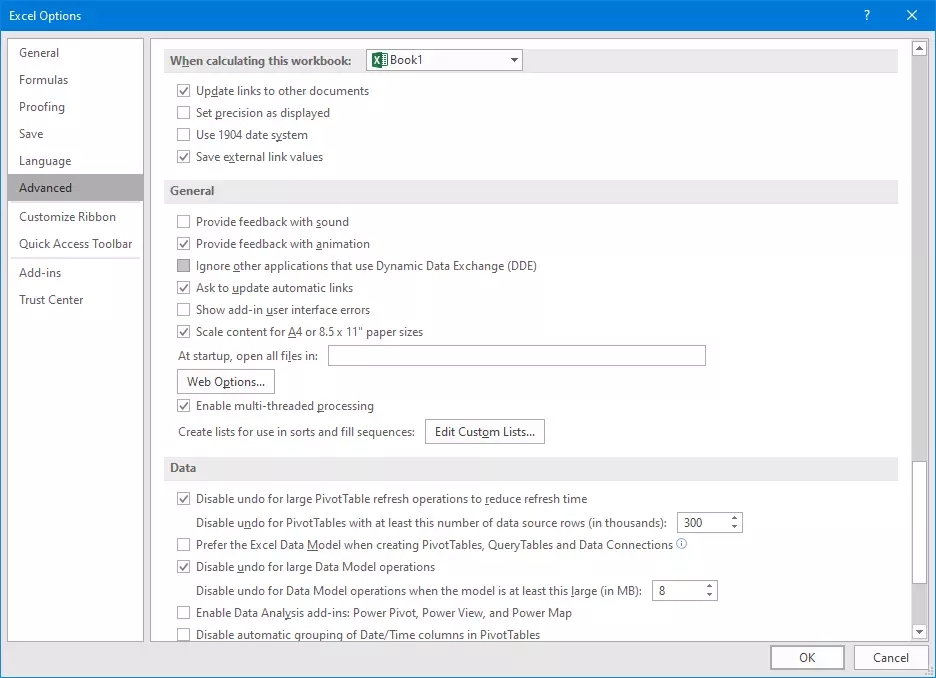 Advanced settings in Excel