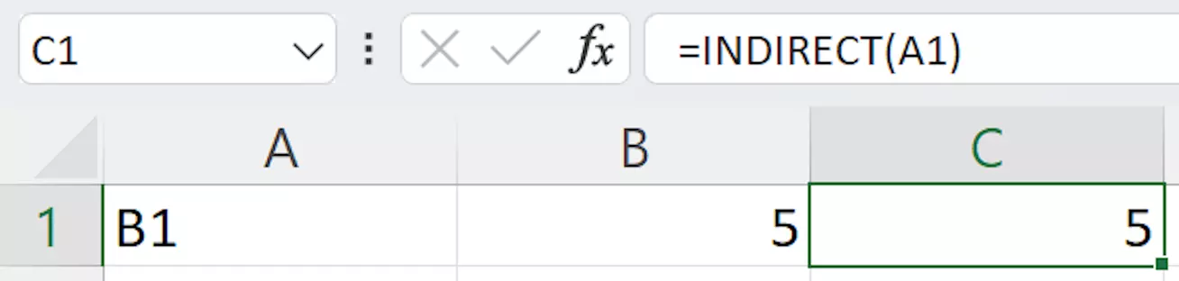 Screenshot of the simplest example of the INDIRECT function in an Excel table