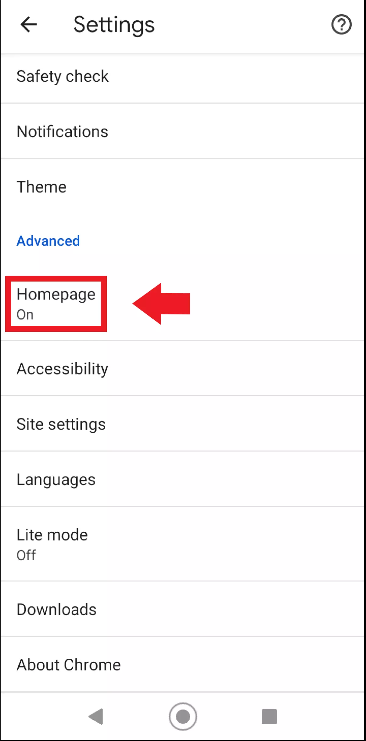 Select ‘Homepage’ in the settings menu of your Chrome app